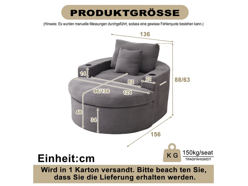  Fauteuil avec pouf 1 place, repose-pieds amovible, porte-gobelets et poches latérales en velours côtelé gris  - Conforama C