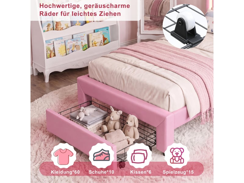 Lit simple enfant 90x200 cm avec led et 1 tiroirs - lit une place - tête de lit réglable en hauteur - pu - cuir -rose - Conforama D