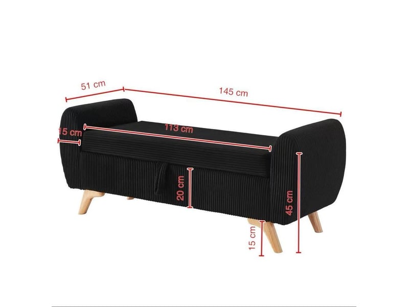  Banquette de rangement tcqpz pliable 145 x 51 x 57 cm en velours côtelé noir avec pieds en bois  - Conforama C