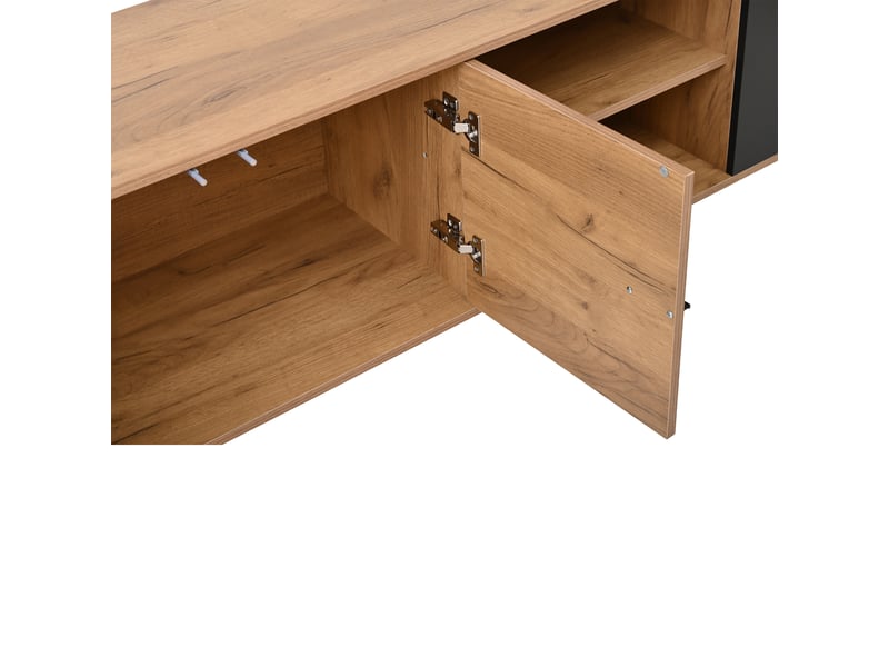  Ensemble meuble tv mural bois naturel et noir 187,5x40x167 cm avec vitrine, étagères ouvertes et 3 meubles pour tv jusqu'à 80 pouces  - Conforama D