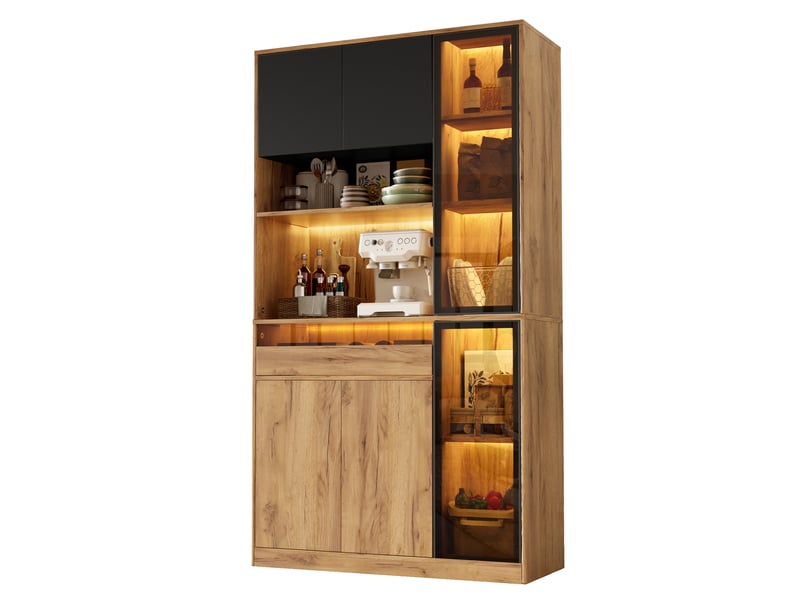  Buffet haut de cuisine 100 x 40 x 180 cm effet bois et noir, 6 portes dont 2 vitrées, tiroir, led par application et étagères, pour cuisine et séjour  - Conforama A