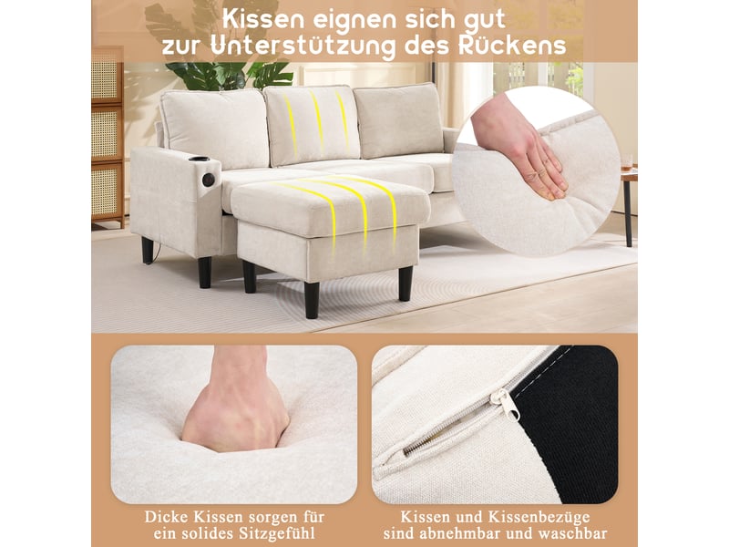 Canapé d'angle 3 places, en lin beige avec pouf modulable, ports usb et porte-gobelets intégrés pour salon et appartement moderne - Conforama D
