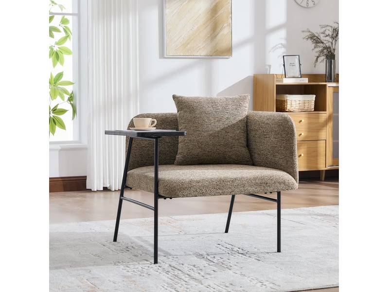  Fauteuil avec tablette latérale, poches de rangement et dossier incurvé en chenille kaki, 86 × 72 × 71 cm  - Conforama C