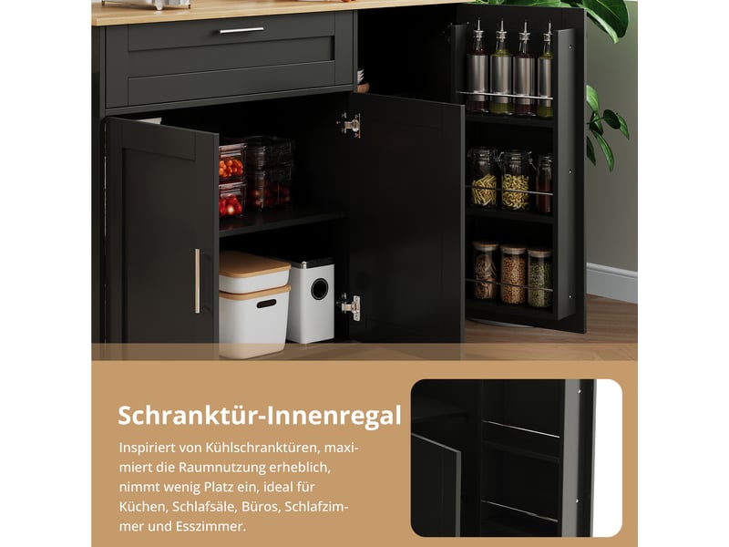 Desserte de cuisine 132,5x44-70,5x90 cm, plan rabattable 120x44-70 cm, 5 roulettes dont 2 freinées, mdf, noir et naturel - Conforama R