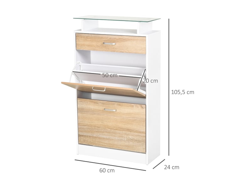  Armoire à chaussures meuble rangement chaussures 2 portes abattantes 2 compartiments, plateau en verre - bois chêne blanc, tiroir  - Conforama C