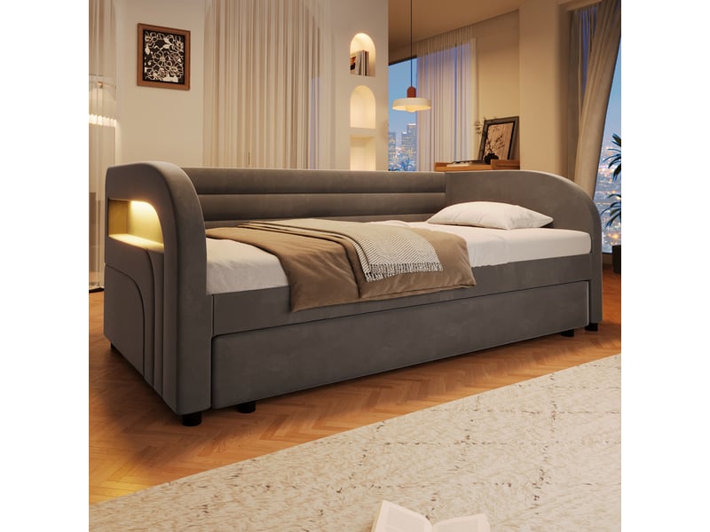  Lit plateforme capitonné 90x200 cm gris avec tiroir-lit et éclairage led pour chambre.  - Conforama D