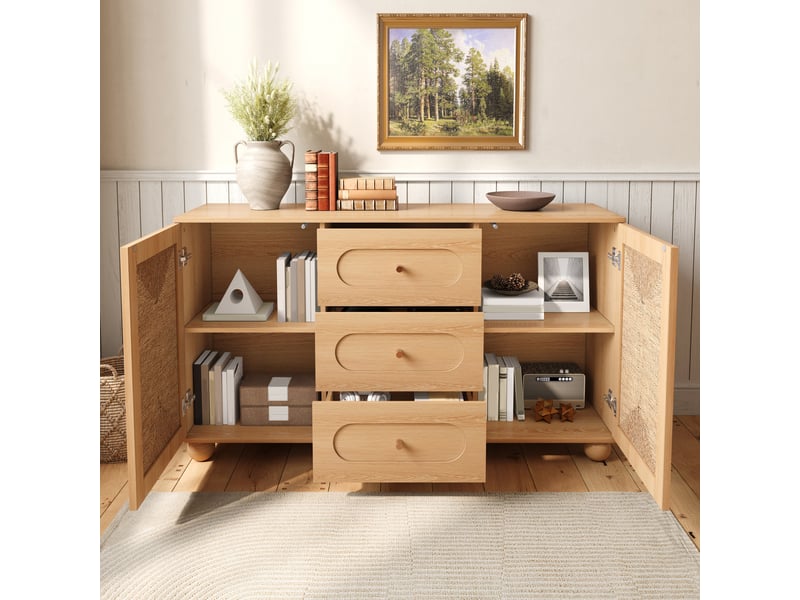  Buffet naturel 140 × 40 × 80 cm, en mdf et aggloméré, avec 2 portes et 3 tiroirs, portes tressées en corde  - Conforama C
