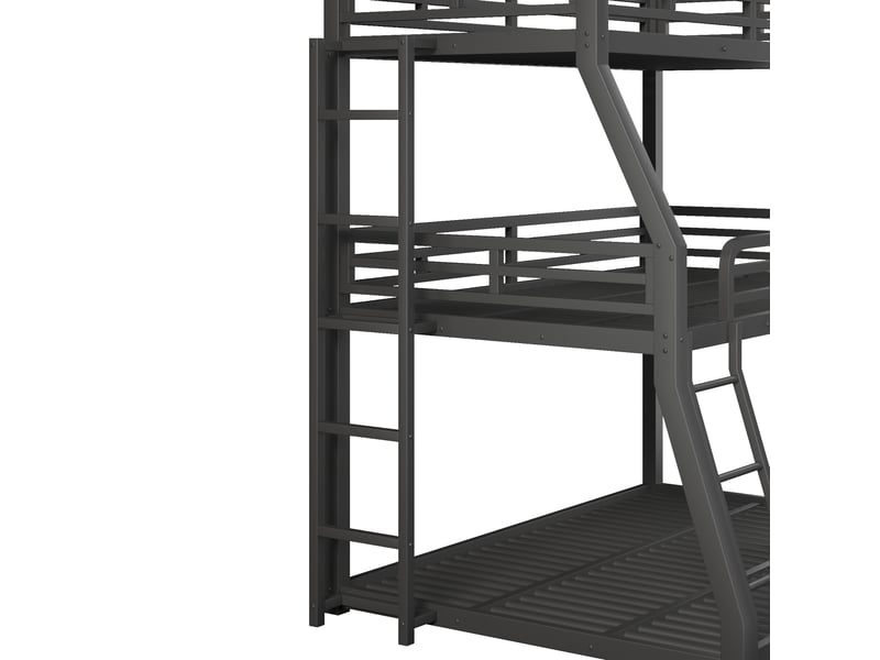  Lit superposé triple 90x200120x200140x200 cm en métal noir avec deux échelles et barrière de sécurité, pour enfants et adultes.  - Conforama E