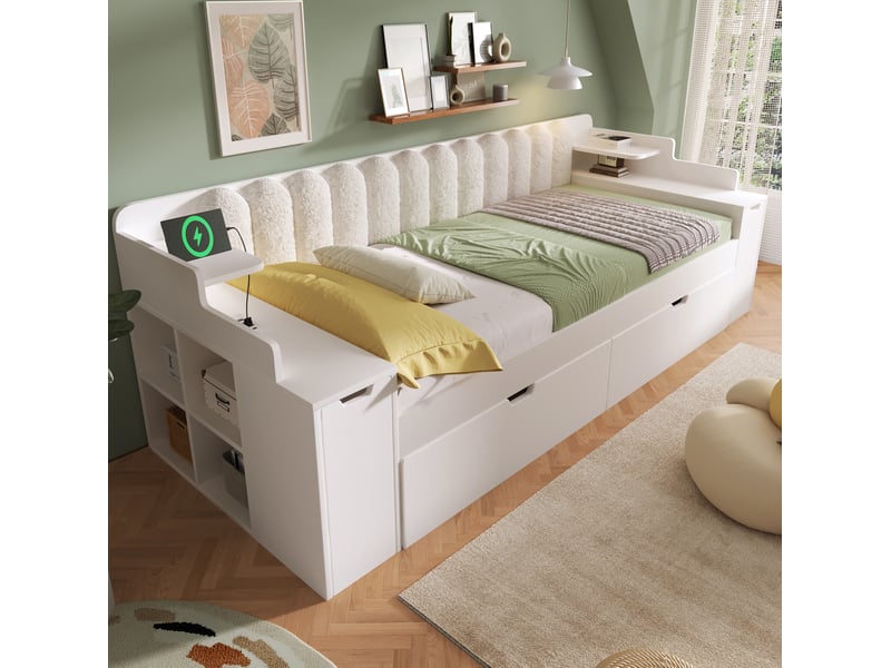  Lit gigogne 90x200 cm avec rangement et port usb, pour chambre, mdf, blanc, contemporain, design moderne, sans matelas  - Conforama D