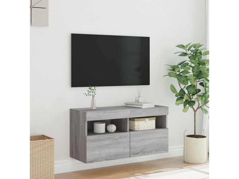 Meuble tv - banc tv - meuble de rangement mural avec lumières led sonoma gris 80x30x40 cm - Conforama E