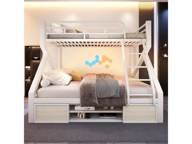  Lit superposé enfant 23 places 90140×200 cm lit simple lit double en métal avec led meuble à chaussures rangements, blanc  - Conforama C