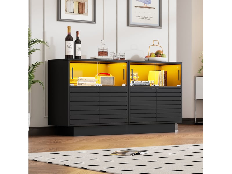  Buffet bas noir avec led, 4 portes vitrées coulissantes – 130 x 35 x 68 cm  - Conforama C