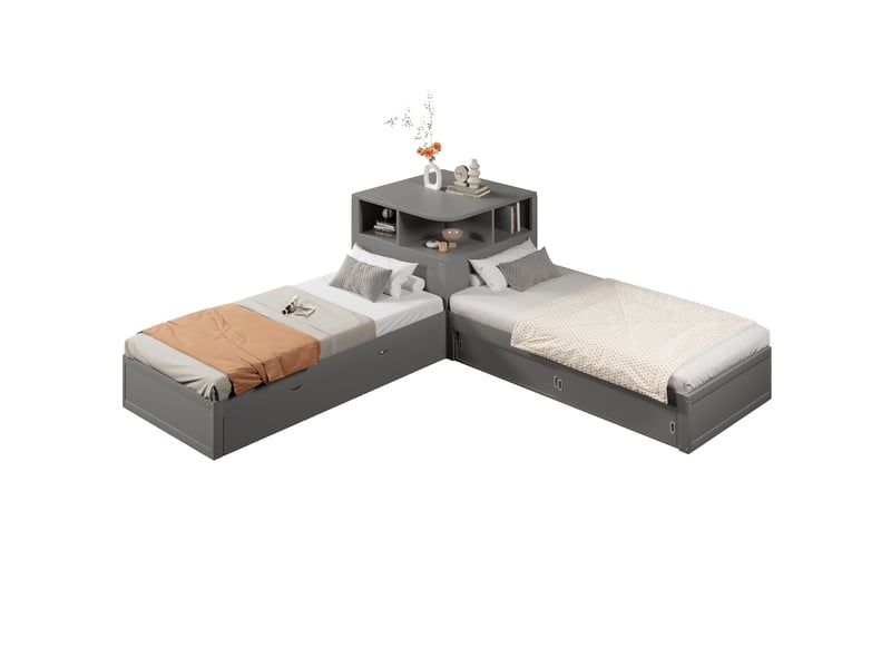Lit gigogne en l 90x200 cm avec rangement à portes coulissantes et veilleuse led gris - Conforama A