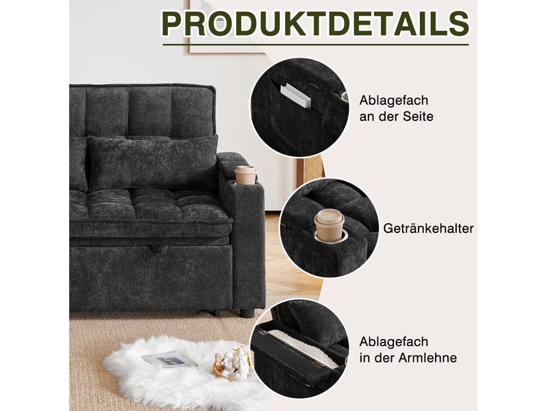  Canapé-lit 3-en-1 142x89x89 cm convertible, 2 porte-gobelets, 2 coussins lombaires, rangements, chenille, noir  - Conforama E