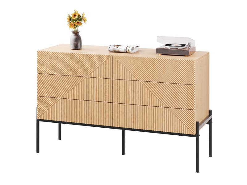  Buffet bas ulevr à 6 tiroirs, rangement 115,5 x 38 x 75 cm, mdf naturel, façade géométrique 3d et pieds en fer noirs  - Conforama A