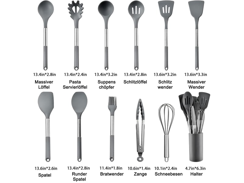  Set de 12 ustensiles de cuisine en silicone et acier inoxydable gris avec rangement chicfurn  - Conforama C