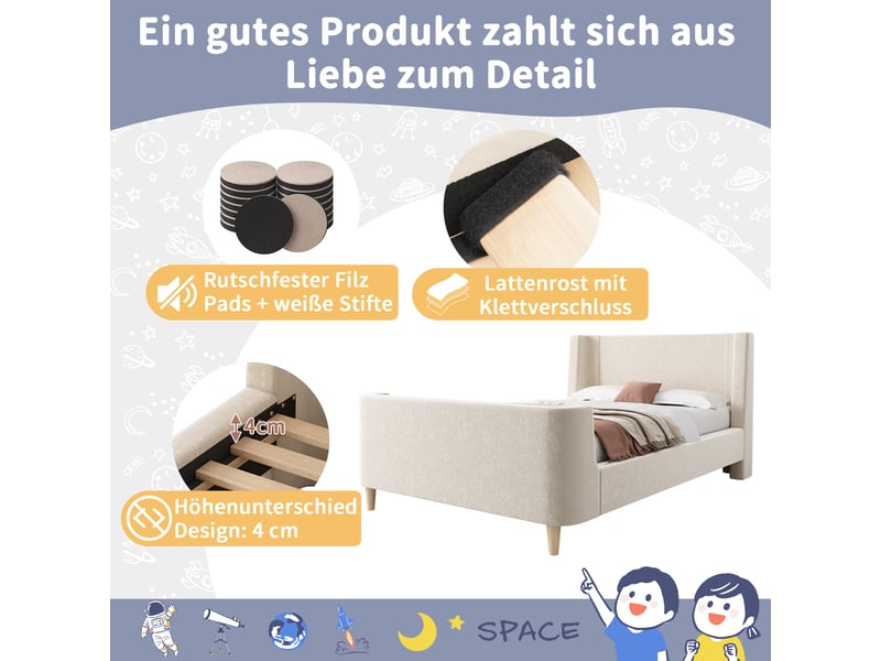  Lit simple enfant 200×90 cm de forme traîneau à motif spatial, sans matelas, en velours beige, avec sommier à lattes  - Conforama E