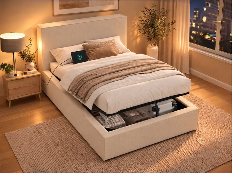 Lit enfant, 90 x 200 cm, lit fonctionnel avec mécanisme hydraulique, tête de lit rembourrée, tissu chenille, beige  - Conforama B