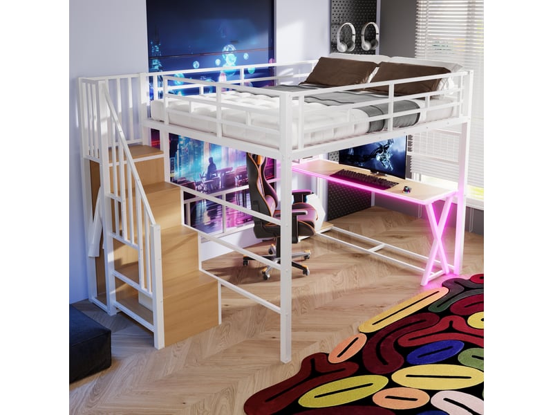  Lit mezzanine 160 x 200 cm avec bureau, armoire, led et escalier avec rangement, lit double en métal blanc avec étagères et garde-corps  - Conforama B