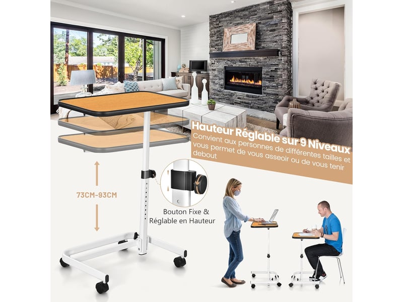 Table de lit à roulettes, bout de canapé pliable, hauteur réglable 73-93cm, peu encombrant pour manger ou travailler, pour hôpital, maison (naturel)  - Conforama D