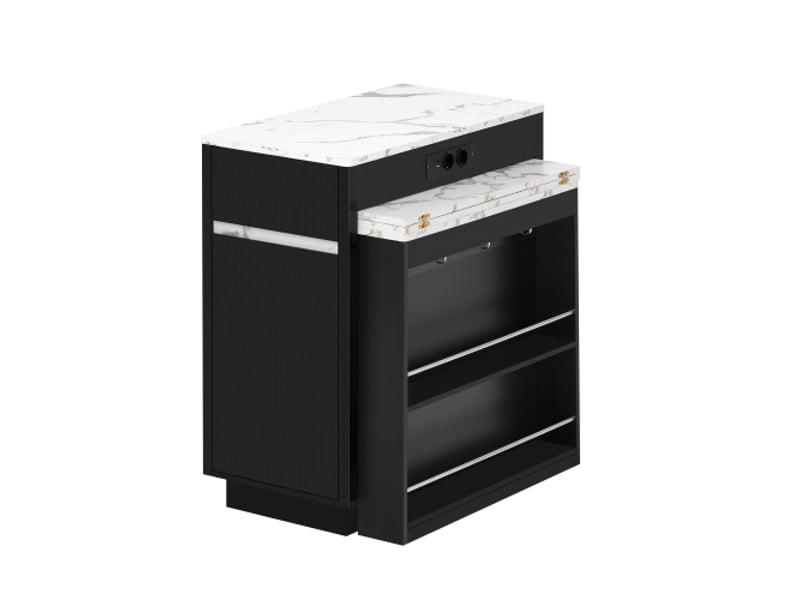 Îlot de cuisine mobile sur roulettes – table extensible, éclairage led, multiprise et crochets – noir, buffetbar - Conforama A