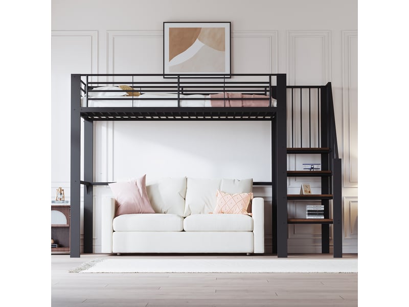  Lit mezzanine 90x200 en métal avec escalier et espace de rangement, cadre robuste pour adulte et enfant, noir  - Conforama B
