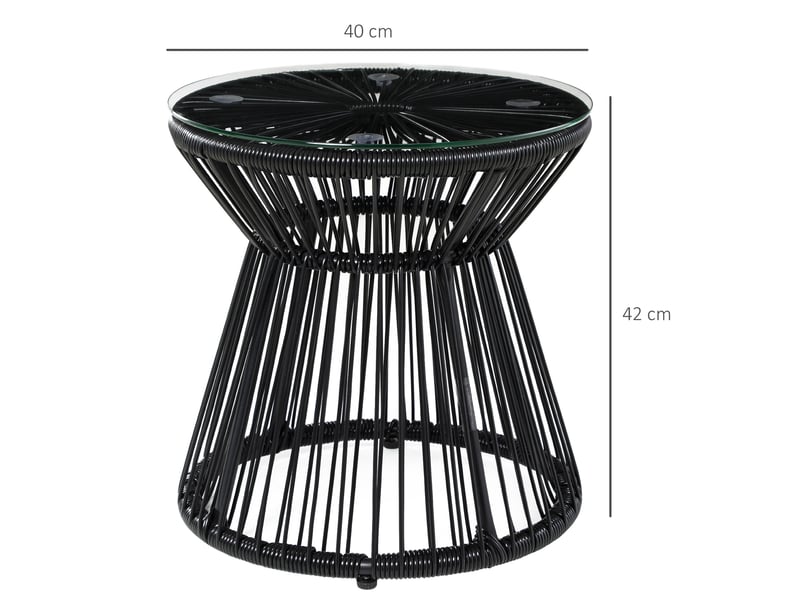  Table d'appoint de jardin ronde 40x40x42 cm noire en résine tressée, plateau en verre trempé de 5 mm  - Conforama C