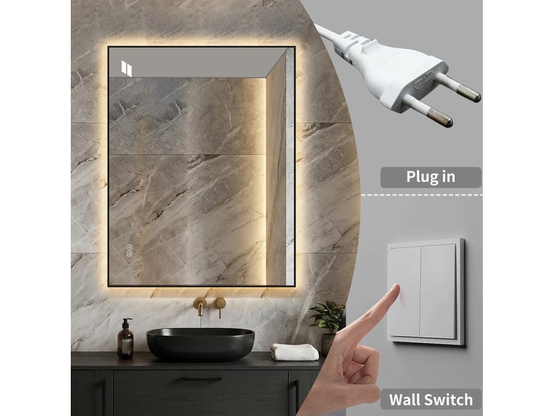  Miroir de salle de bains led 50x70 cm rétroéclairé avec cadre en aluminium argenté  - Conforama D