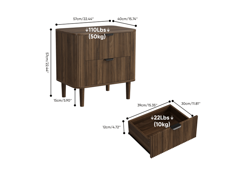  Table de chevet 57 x 40 x 57 cm en mdf finition bois foncé, 2 tiroirs rainurés, style moderne intemporel  - Conforama C