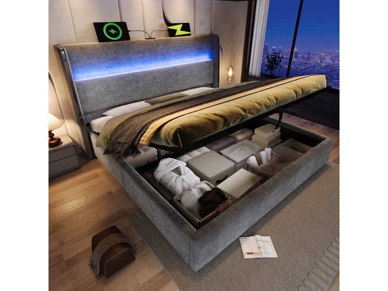  Lit 180x200 cm avec coffre, tête haute led et prises usb-c, sommier inclus sans matelas  - Conforama D