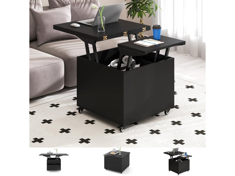  3 en 1 table basse relevable avec roulettes, table basse extensible à manger salon hauteur réglable avec tiroir rangement60-120x60x50-66cm (noir)  - Conforama D