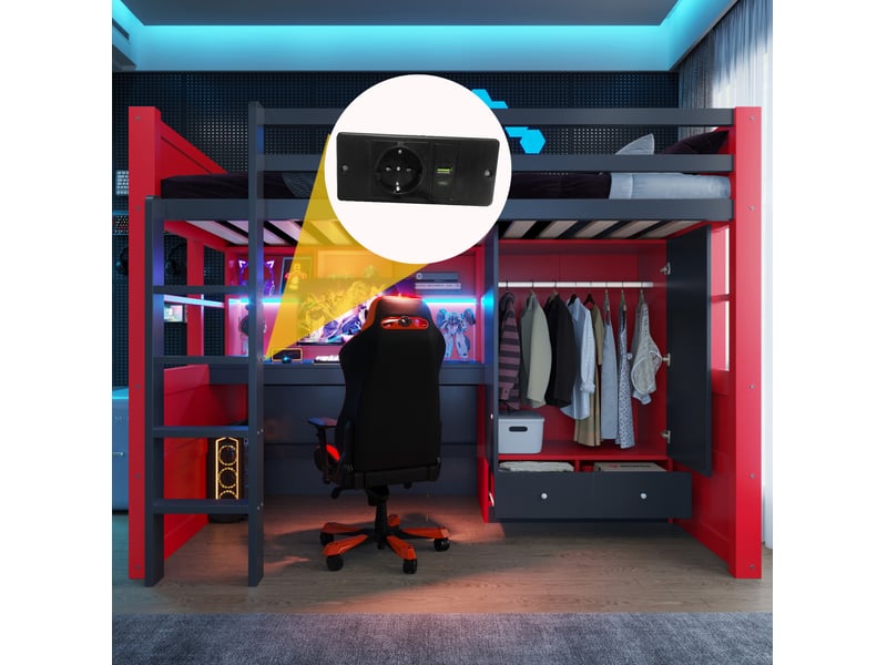  Lit mezzanine enfant 90x200 cm – noir et rouge – bureau, armoire, tiroir, led, prises – sans matelas  - Conforama E