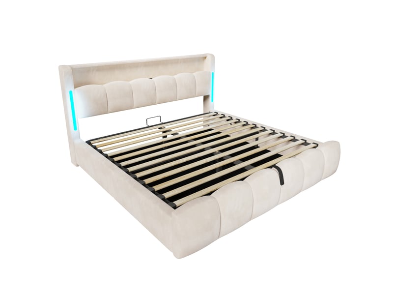 Lit capitonné, 180 x 200 cm, éclairage led, tête de lit avec compartiment de rangement, sans matelas, sommier coffre hydraulique, ports usb et type-c, velours, beige - Conforama E