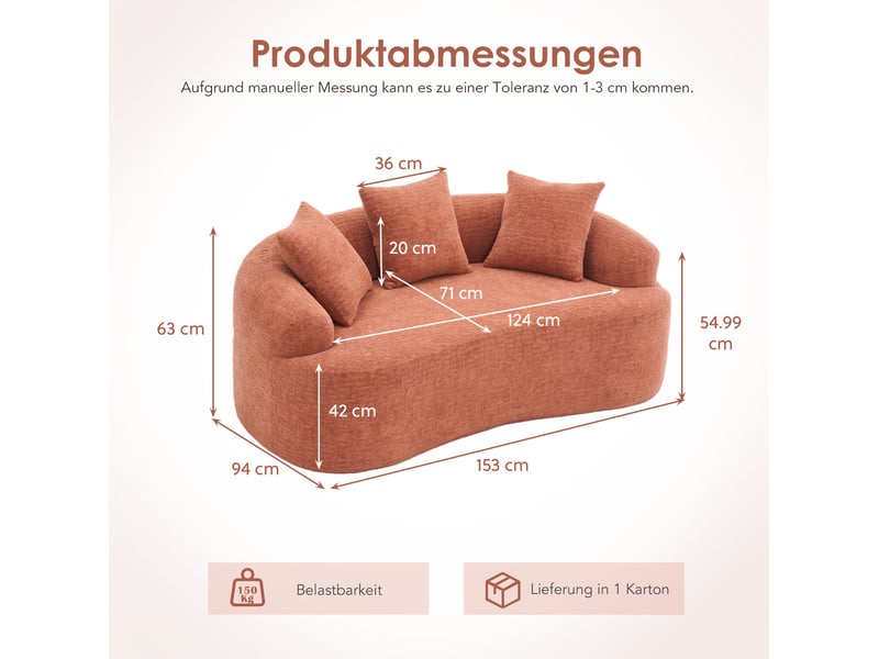 Canapé modulable incurvé 2 places en chenille rose corail avec 3 coussins - Conforama D