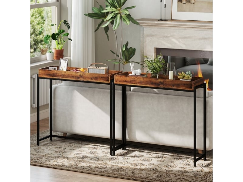 Console d’entrée étroite avec plateau à rebords en panneau et métal pour couloir marron rustique 100 × 30 × 91 cm - Conforama D