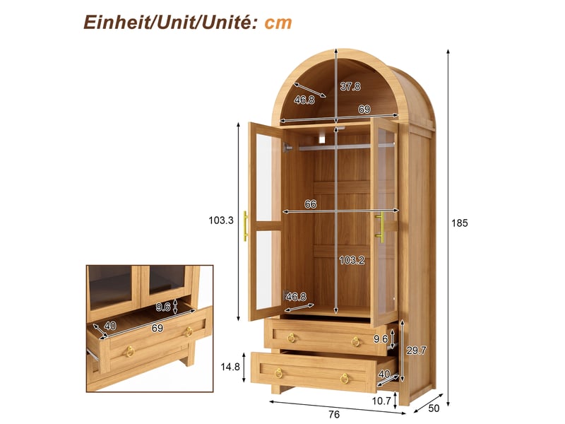  Armoire-penderie 76x50x185cm avec portes vitrées, tringle, 2 tiroirs et éclairage led multicolore, design incurvé, effet chêne evarich - Conforama C