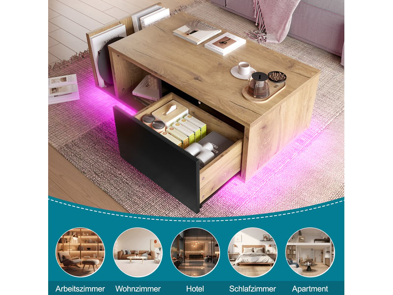  Table basse rétro avec led intégrée – 99,5 x 53 x 38 cm – naturel  - Conforama D