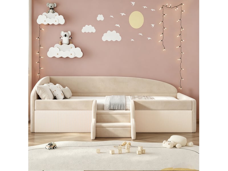  Lit pour enfant, 90x190 cm, avec sommier à lattes, barrières de sécurité, matelas non inclus, velours, coloris beige  - Conforama E