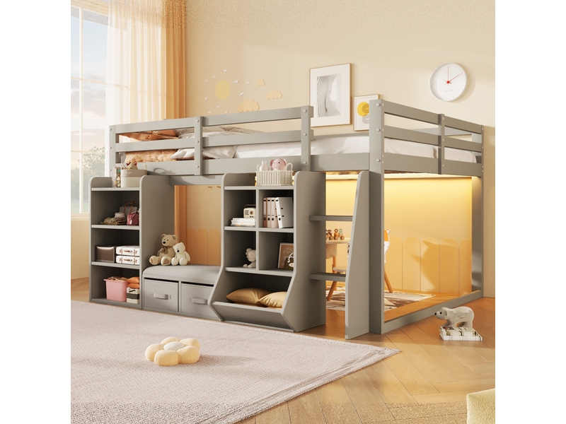 Lit mezzanine 140x200 cm, lit combiné, tiroirs de rangement, rangements intégrés, design moderne, charge maximale 250 kg, bois gris CozyNest - Conforama B
