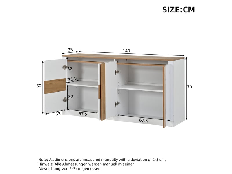 Buffet moderne blanc brillant effet chêne avec 4 portes, led rgb, étagères réglables, mdf 140x35x70 cm - Conforama C
