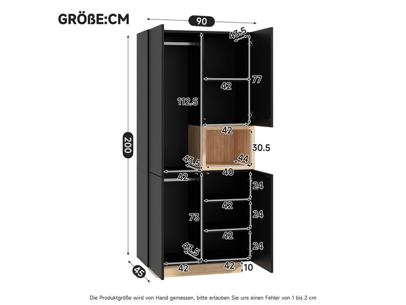  Armoire à 2 portes avec 2 tringles, 5 compartiments de rangement et 1 niche ouverte, 90 x 45 x 200 cm, noir  - Conforama C