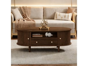 Table basse avec un tiroir et des espaces de rangement ouverts, 4 pieds, couleur noyer