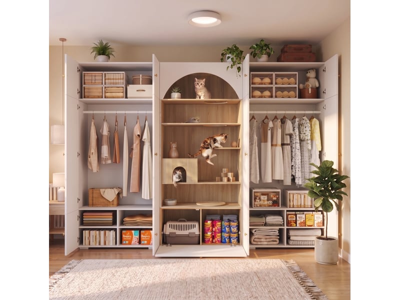  Armoire tcqpz 3 en 1 270 x 50 x 200 cm avec penderie, rangement et espace pour félins blanc effet bois  - Conforama E