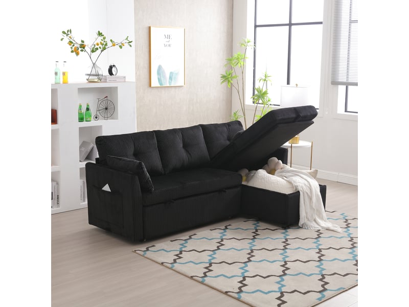  Canapé d'angle convertible 3 places,206x108x66cm,canapé-lit 3 places envelours côtelé avec lit gigogne,méridienne réversible rangement,noir  - Conforama R