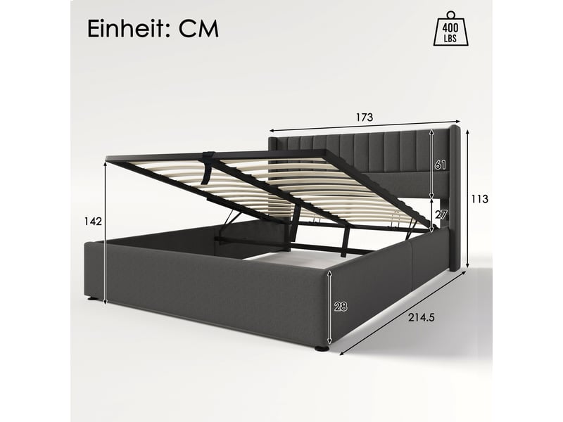  Lit coffre double 160x200 cm, sans tissu en fond, sommier à lattes, design moderne, en lin gris, matelas inclus  - Conforama D