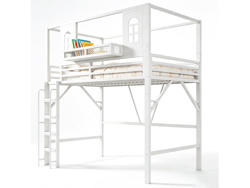 Lit mezzanine enfant 90 x 200 cm blanc en métal et mdf, toit avec fenêtres et étagère, sans matelas - Conforama A