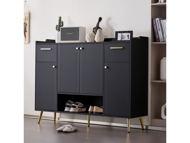  Meuble à chaussures avec 4 portes, 2 tiroirs et 1 niche ouverte, pieds hauts, pour entrée, noir, 130 × 37 × 100 cm  - Conforama B