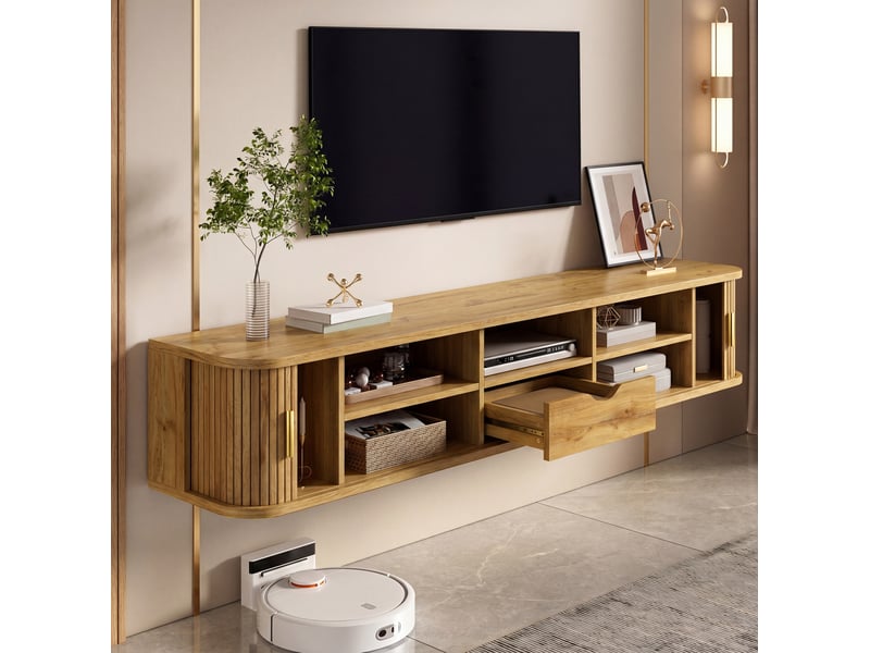  Meuble tv mural 175 cm avec portes coulissantes et éclairage led, finition naturelle  - Conforama B