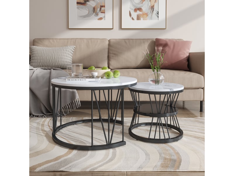  Lot de 2 tables gigognes rondes  ø70 et ø45cm, motif marbré, meuble, rangement, support en forme de v, mdf, blanc  - Conforama D