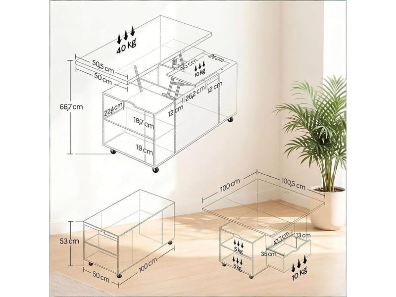  Table basse relevable table de salon mobile à roulettes verrouillables format compact plateau relevable usage bureau d'étude  - Conforama C